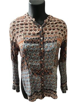 Boho Button-Front Print Blouse in Rust, Navy & Cream